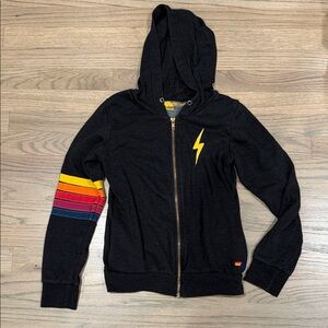 Aviator Nation Black Jacket with Lightning Bolt and Striped Sleeve